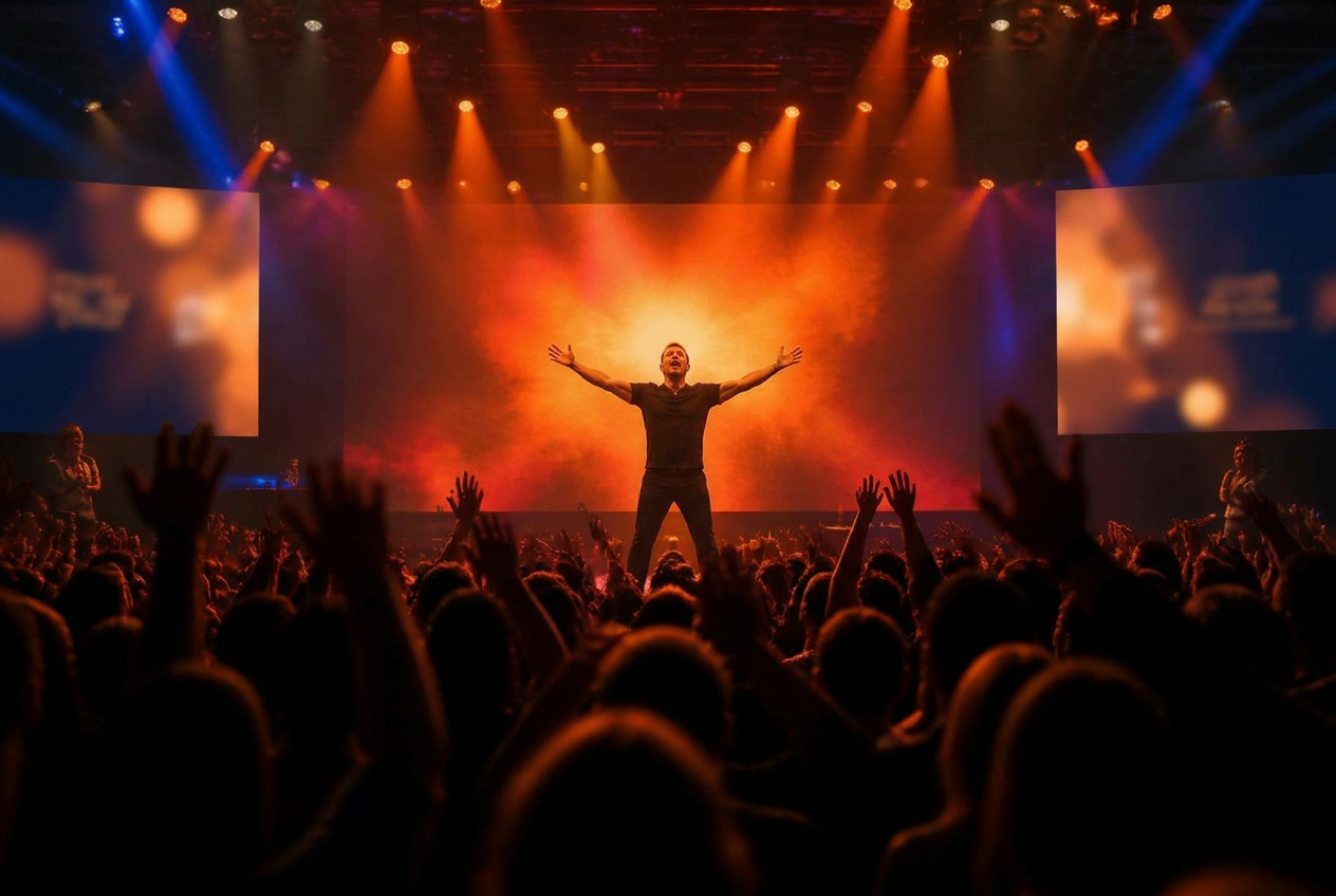 Tanner Simpson on stage in front of a large audience with hands raised, warm ember stage lighting.